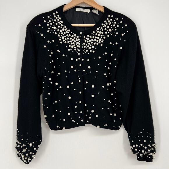 Vintage Express Tricot Beaded Cropped Cardigan Sz M Lambswool Angora Faux Pearls - Picture 1 of 9